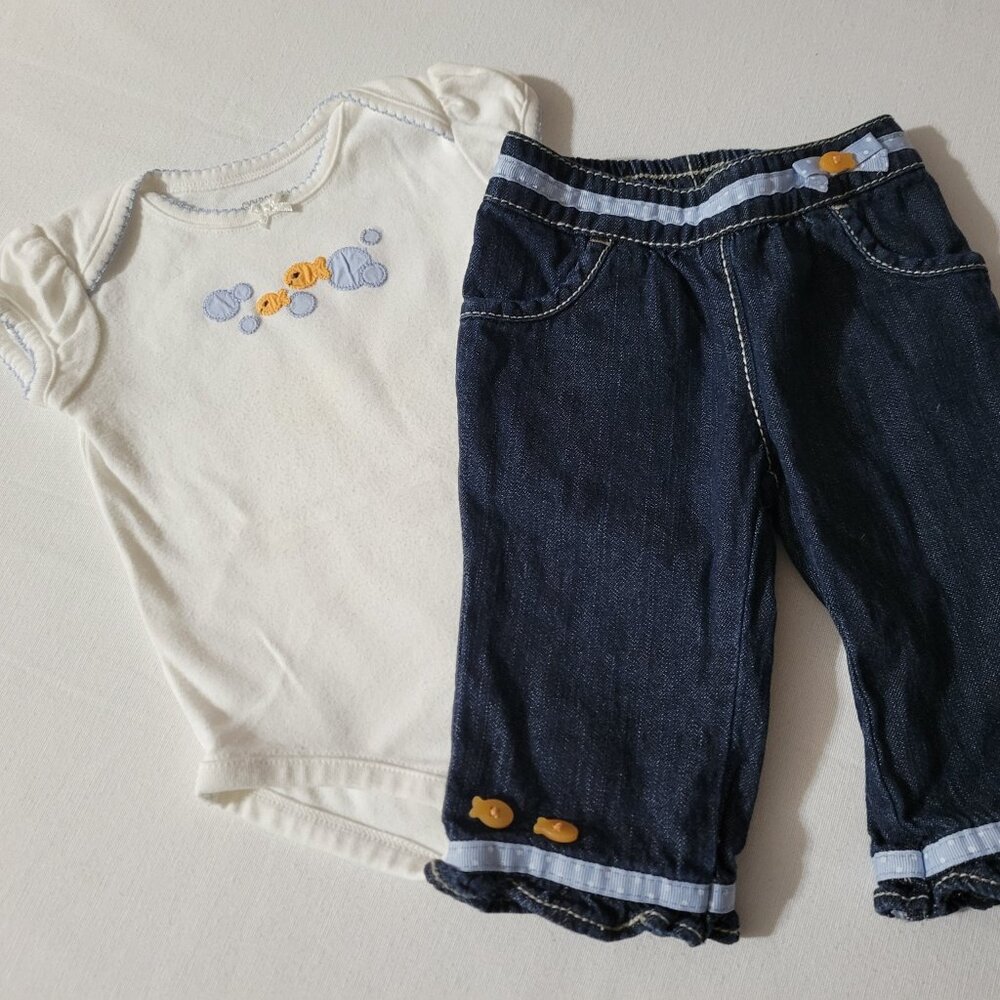 Gymboree Little Goldfish Used 3-6 month Jeans Bodysuit Outfit. Located A21